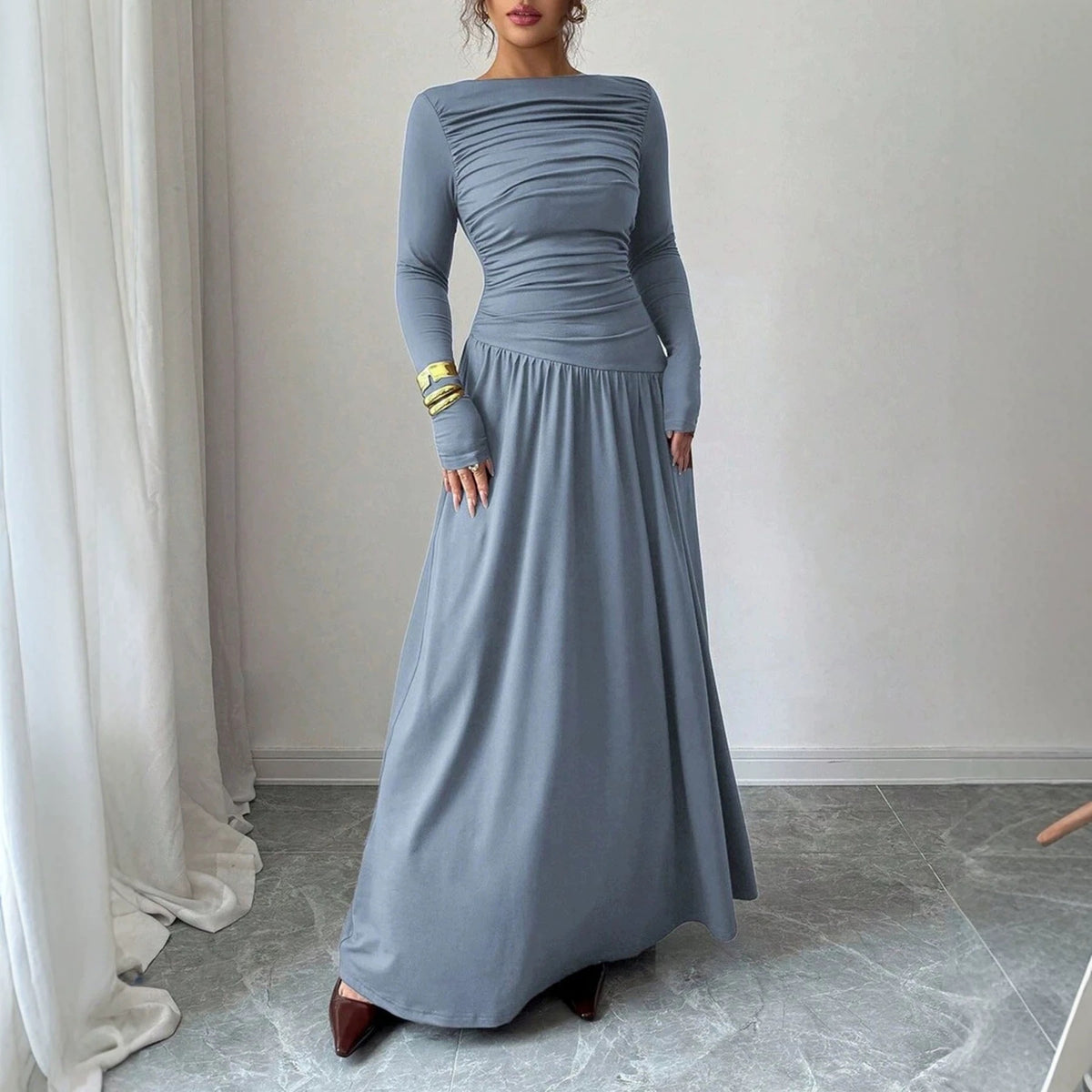 High-end Autumnwinter New Long-sleeve Pleated-waist Off-shoulder Maxi Dress