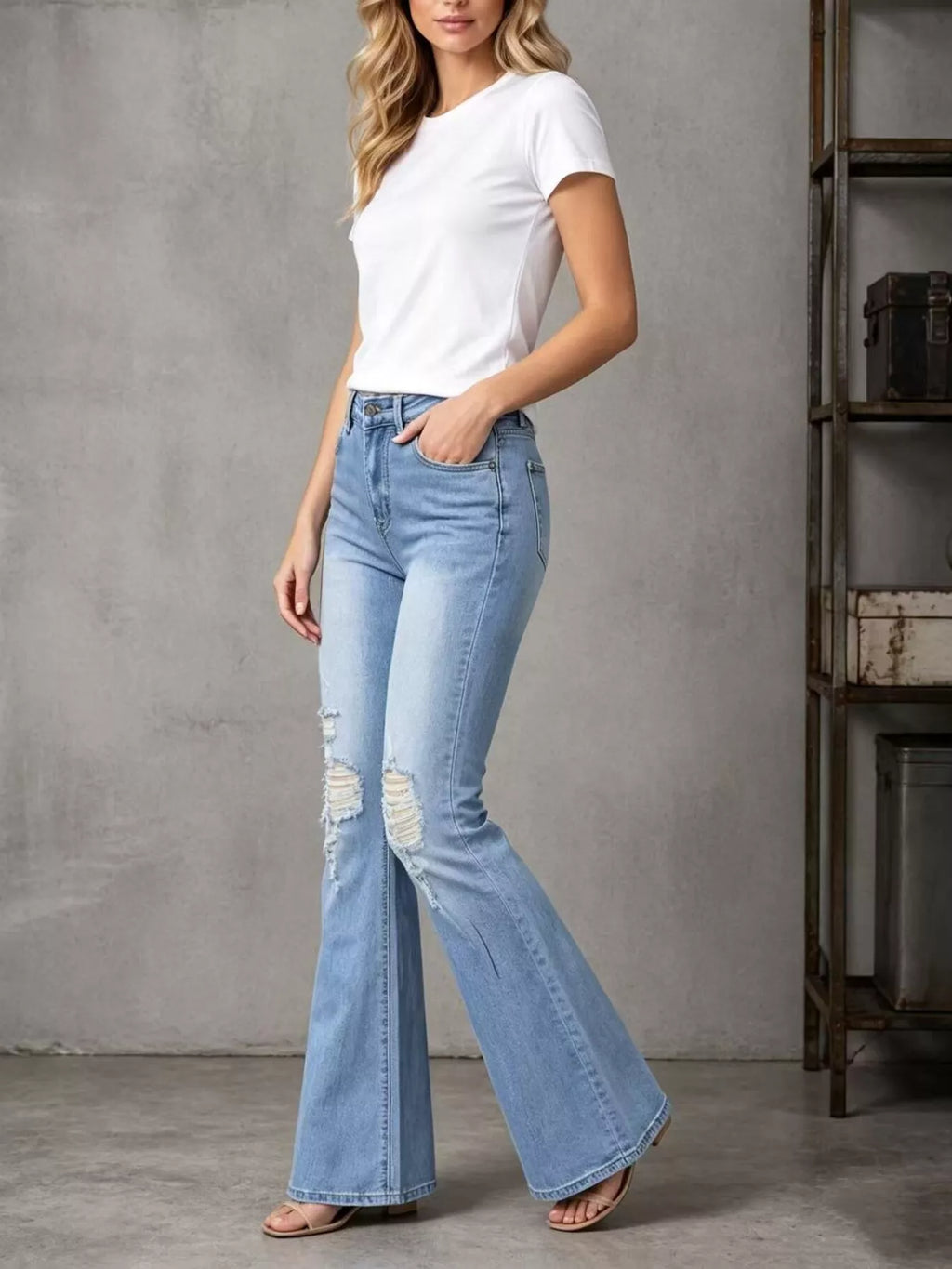 Women's Light Blue High-Waisted Distressed Flare Jeans - Light Blue