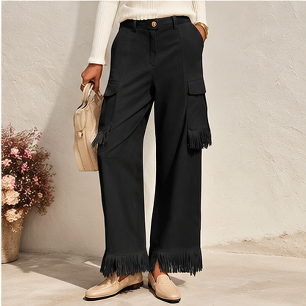 Suede Fleece Tassel Loose-Fit Slimming Workwear Wide-Leg Pants For Women