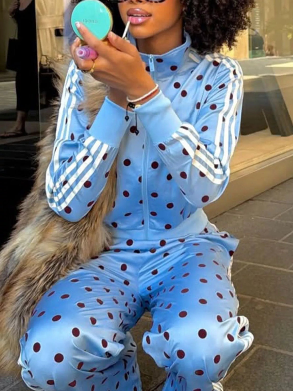 Women's Polka Dot Side Striped Outerwear and Pants Set