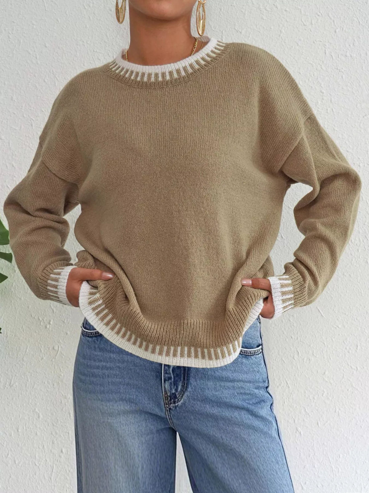 Women's Contrast Trim Crew Neck Drop Shoulder Sweater
