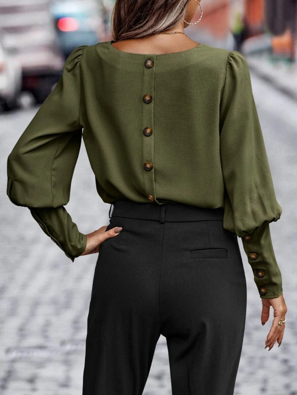 Women's Round Neck Lantern Sleeve Blouse