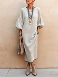 Womens Knitted Mid-Length Dress With Bubble Sleeves