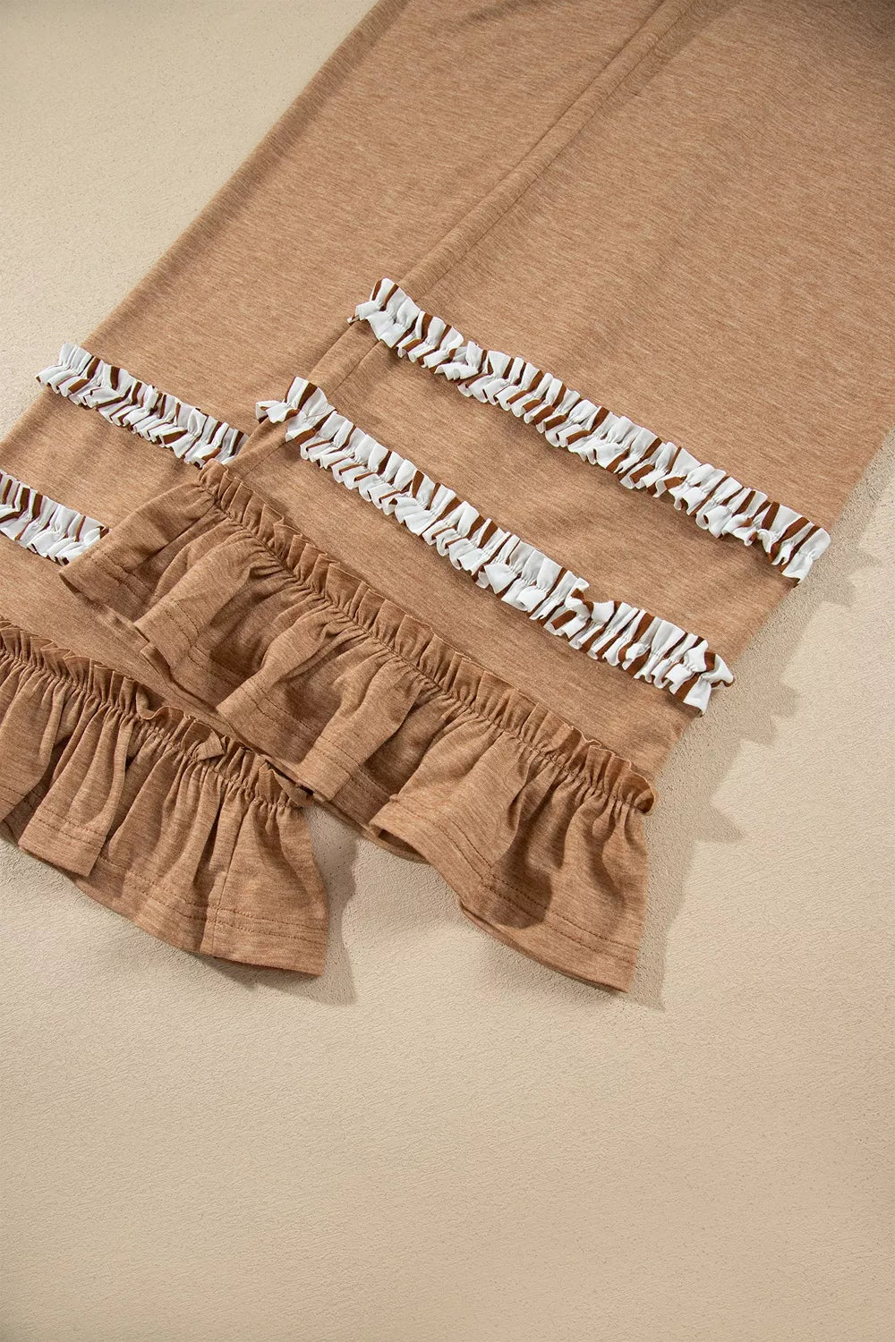 Women's Camel Stripe V Neck Ruffle Contrast Sleeve Top Drawstring Pants 2pcs Set - Camel