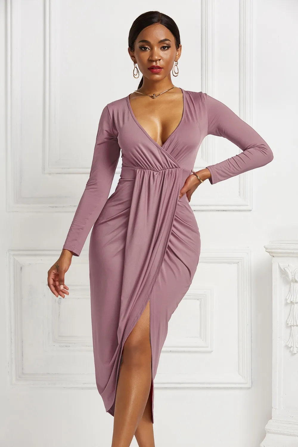 Women's High-low Ruched Surplice Long Sleeve Dress