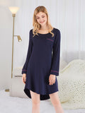 Women's Round Neck Night Dress with Pocket - Dark Navy