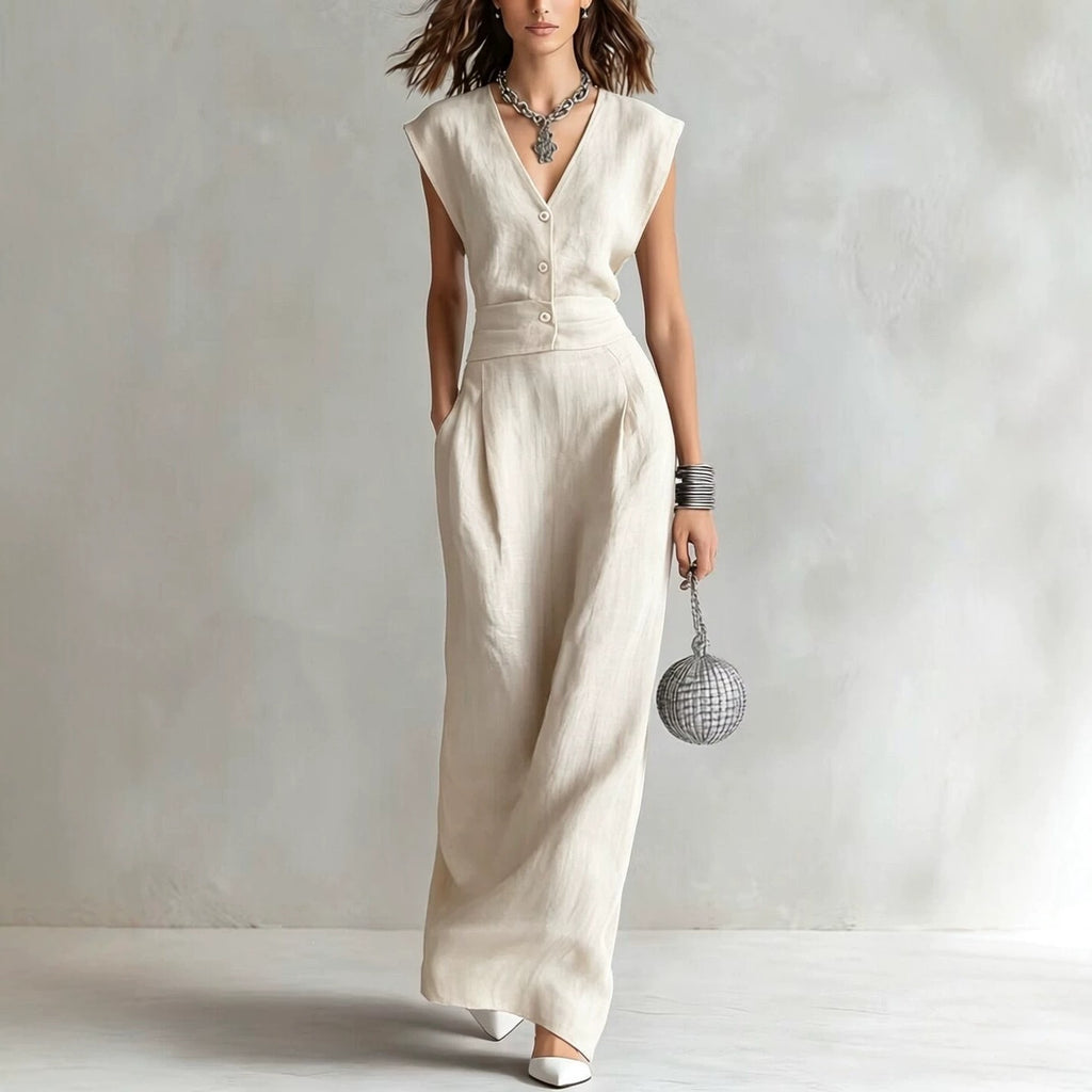 V-neck Sleeveless Cotton-linen Blend Single-breasted Dress