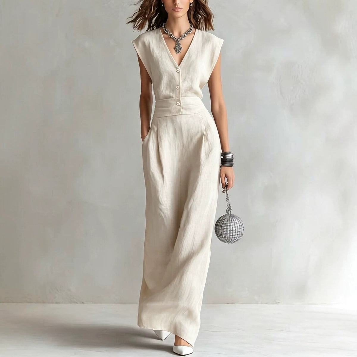 V-neck Sleeveless Cotton-linen Blend Single-breasted Dress