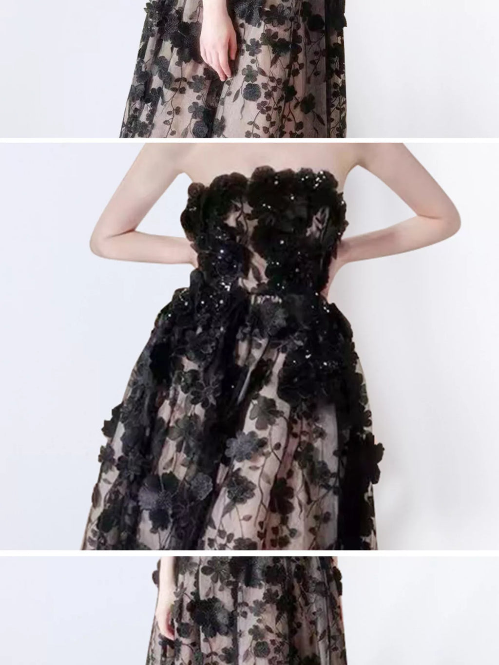 Women's Strapless Floral Applique Midi Dress