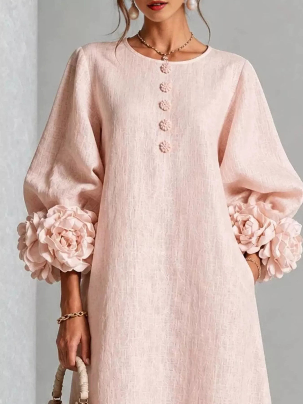 Women's 3D Floral Round Neck Midi Dress