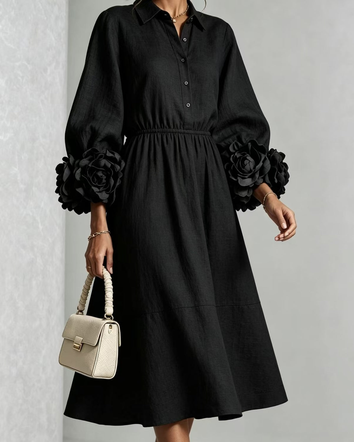 Best-selling Solid-color Round-neck Long-sleeved Floral Dress