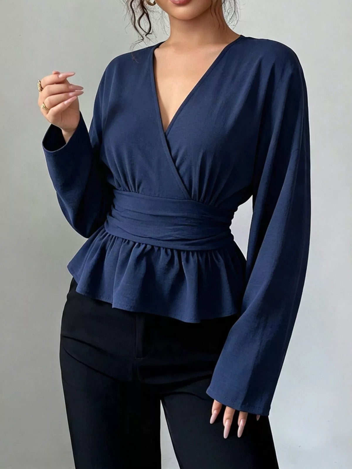 Women's Dark Blue Surplice Long Sleeve Wrap Blouse - Dark Blue