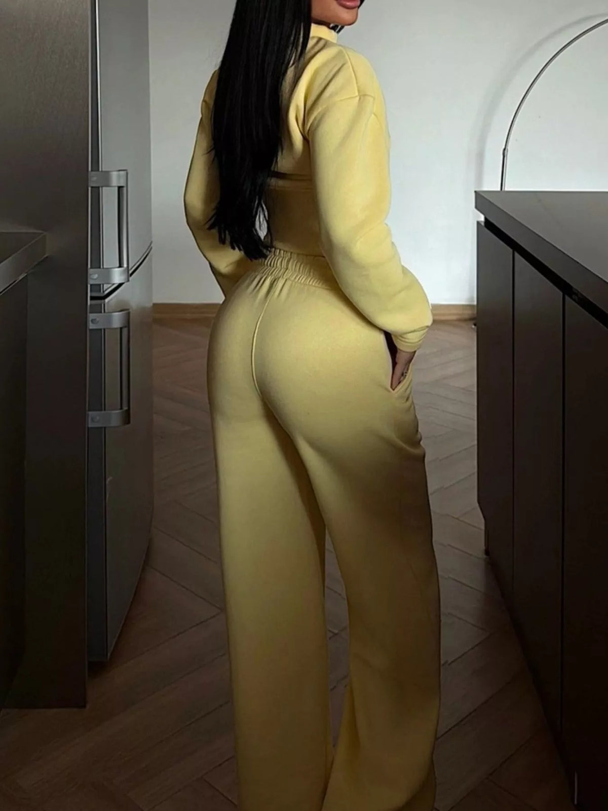 Women's Zip-Up Crop Jacket and Wide-Leg Pants Set