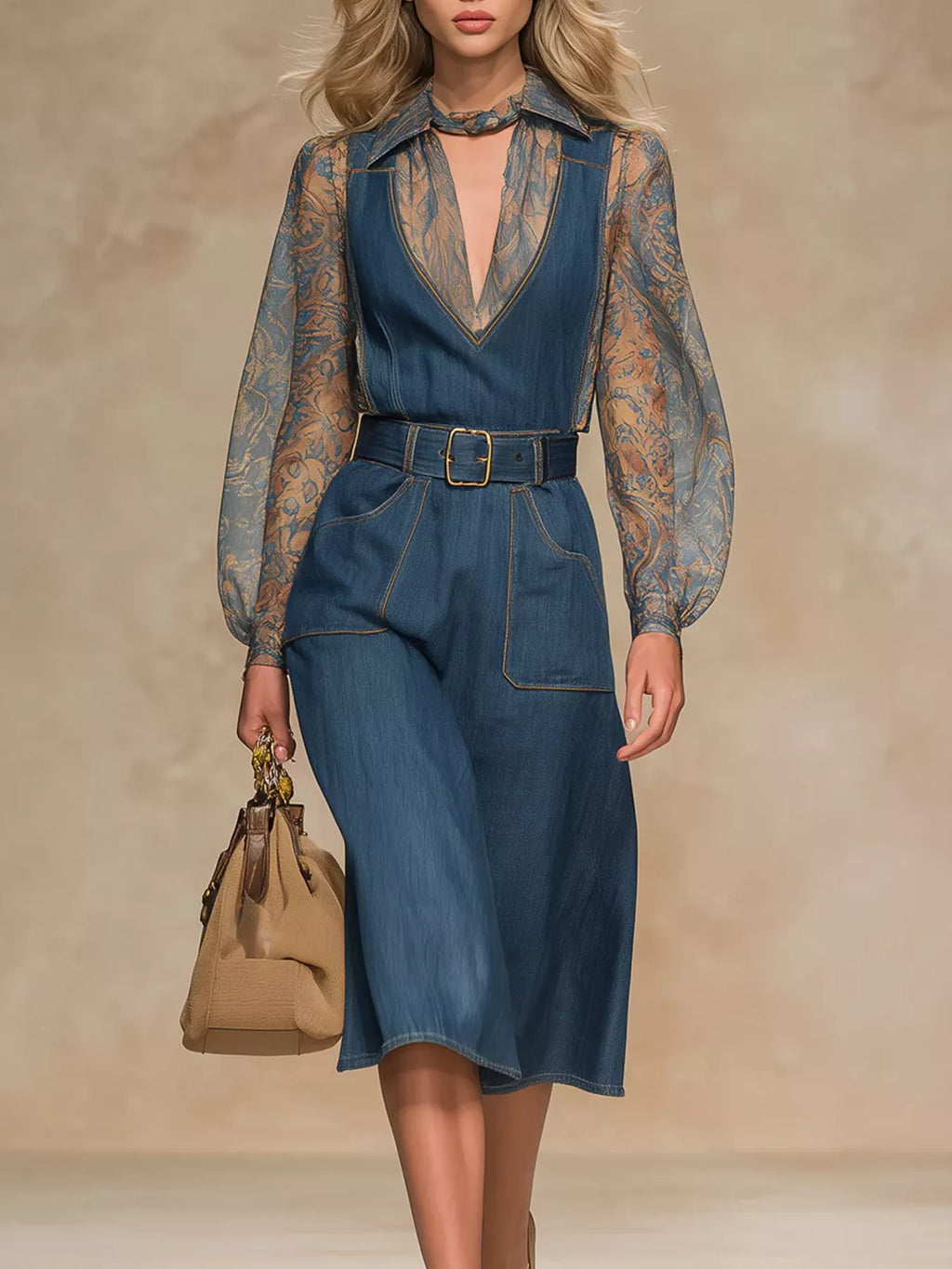 Women's Blue Sheer Floral Sleeves Denim Dress - Blue