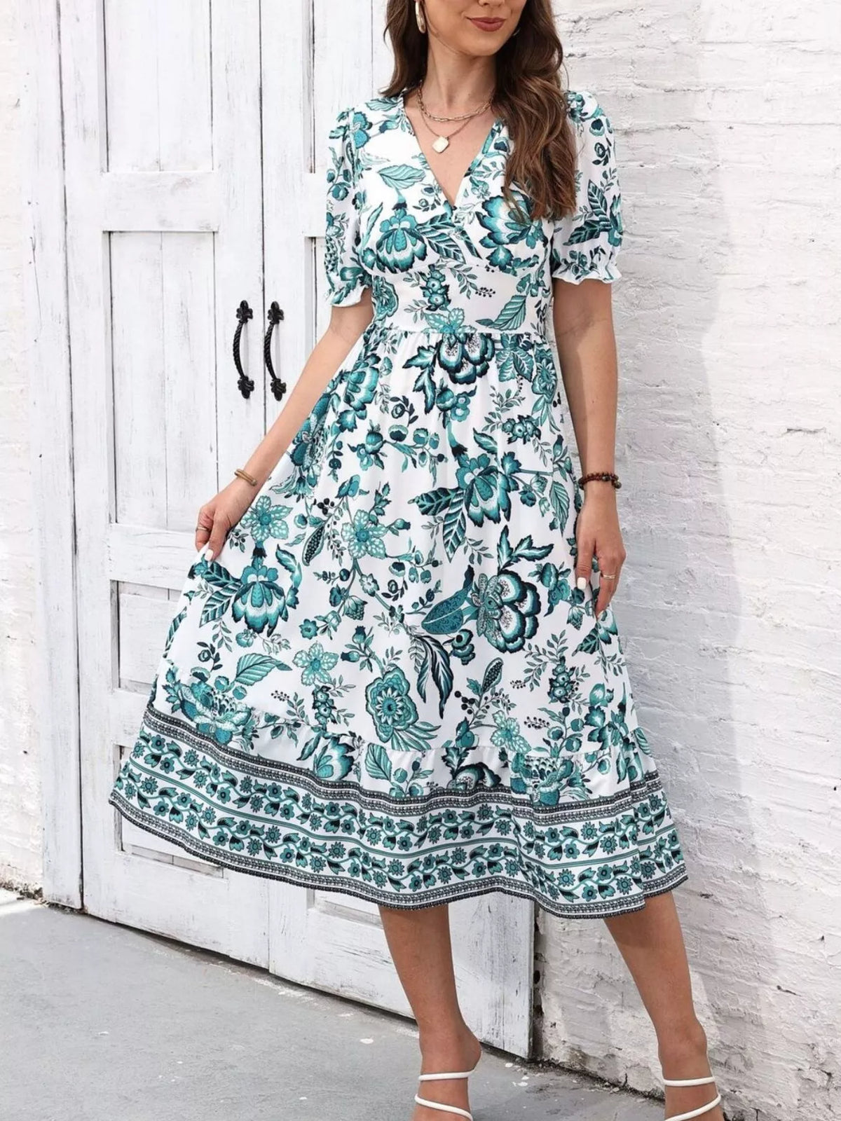 Women's Floral Print Puff Sleeve Wrap Midi Dress