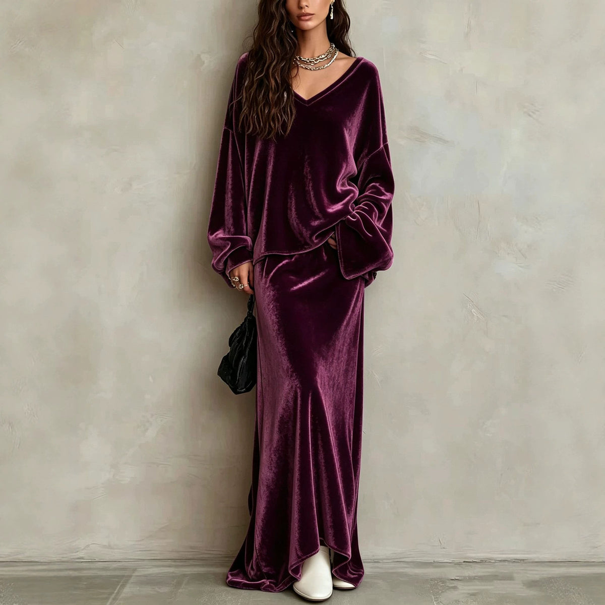 Velvet Loose-fit V-neck Long-sleeve Womens Set
