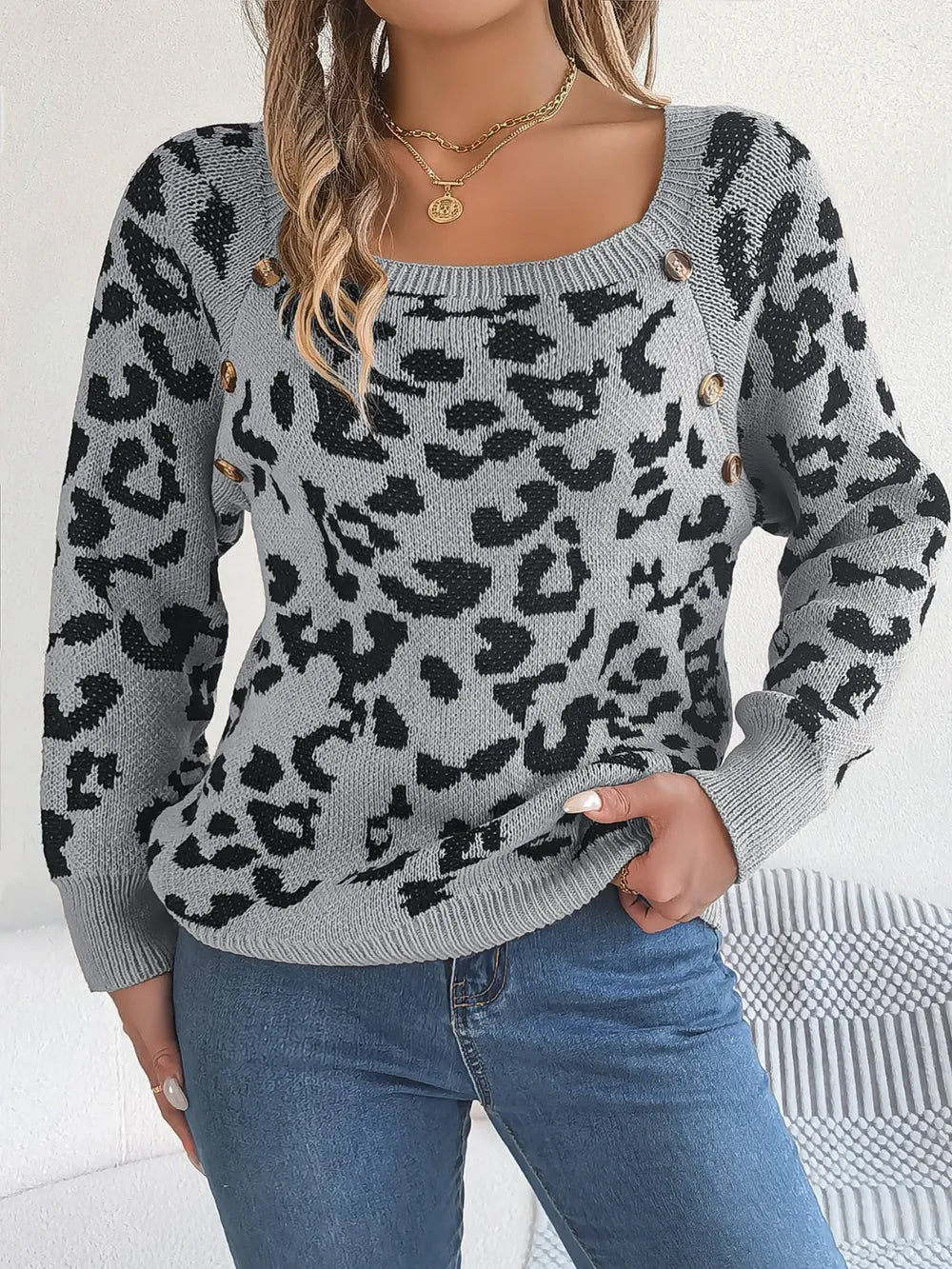 Women's Leopard Buttoned Square Neck Sweater
