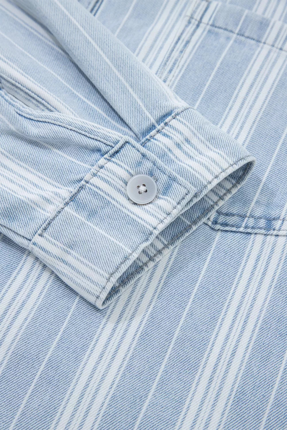 Women's Light Blue Stripe Boyfriend Chest Pocket Classic Denim Shacket - Light Blue