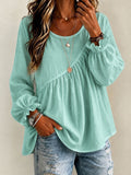 Women's 2026 New Cross-Border European And American Style Women's Solid Color Round Neck Long Sleeve Ruched Shirt Top, Casual Versatile Loose Fit - Grass green