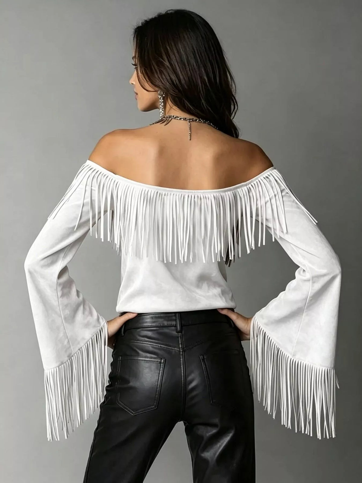 Full Size Fringed Off-Shoulder Flare Sleeve Top Plus Size