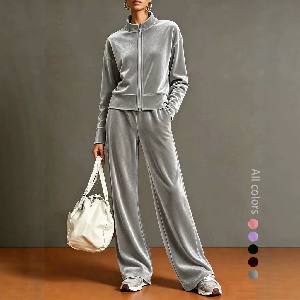 Women's Solid-color Stand-collar Cardigan And Zipper Hoodie Wide-leg Pants Set