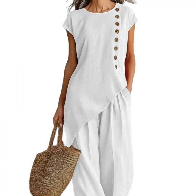 Women's Bohemian Beach Two Piece Set Round Neck Button Short Sleeve Top Wide Leg Trousers