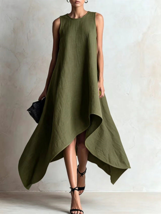 Irregular Flared Sleeveless Linen Dress