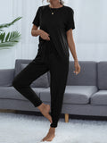 Women's Round Neck Short Sleeve Top and Pants Set - Black