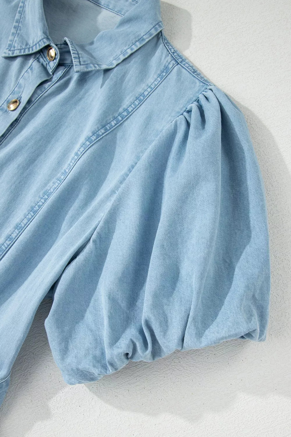 Women's Light Blue Full Buttons Collared Short Bubble Sleeve Long Denim Dress - Light Blue