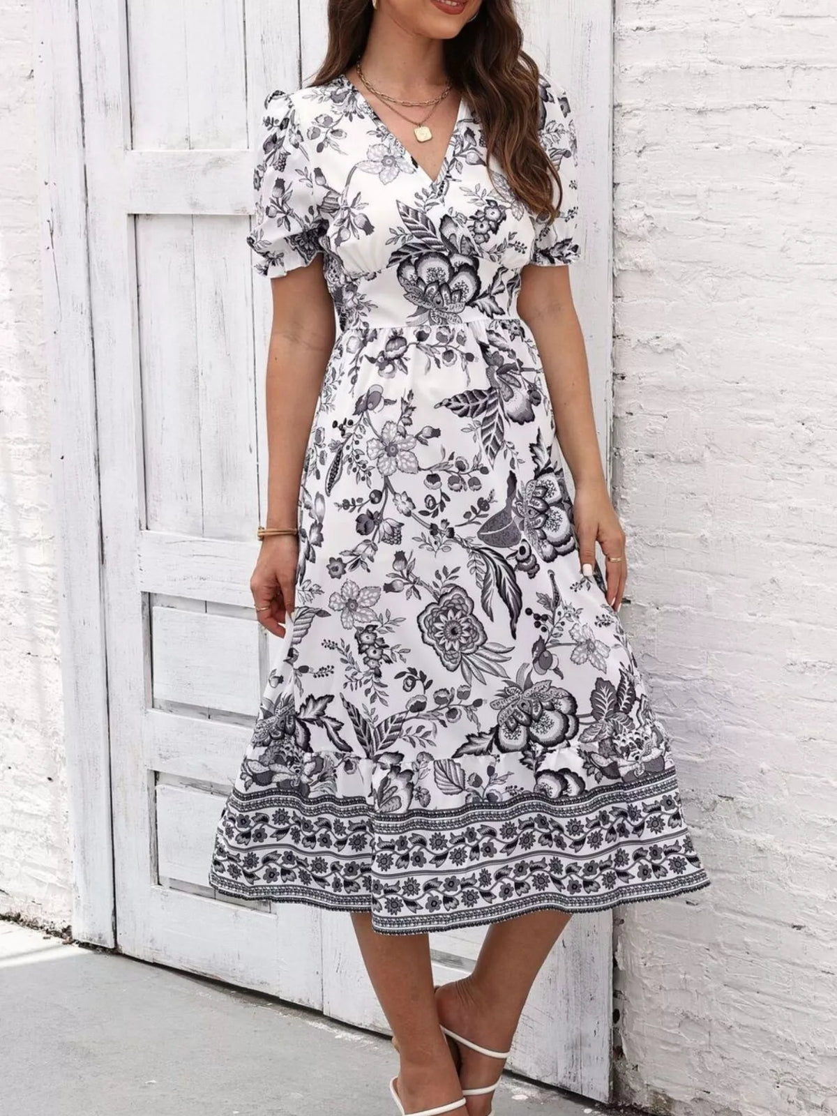Women's Floral Print Puff Sleeve Wrap Midi Dress - Black