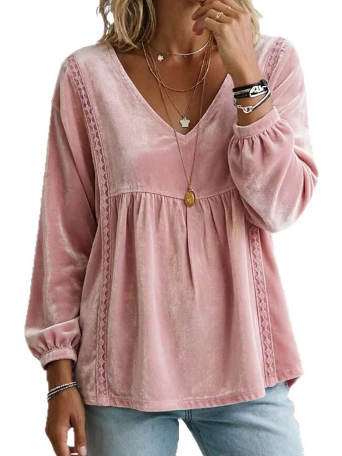 Full Size V-Neck Long Sleeve Velvet Blouse with Lace Trim Plus Size