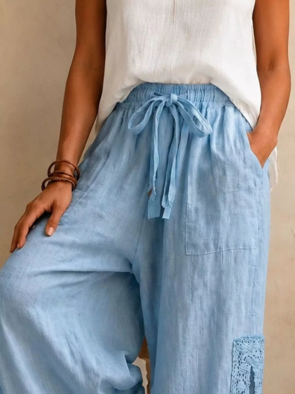 Lace Detail Slit Wide Leg Pants