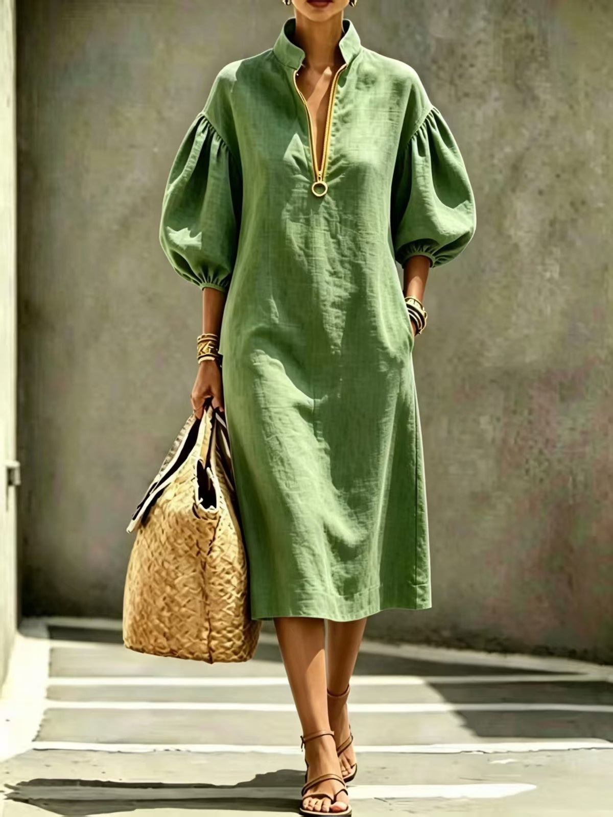 Summer New Women's Casual Loose Stand-Up Collar Puff Sleeve Half-Zip Women's Dress
