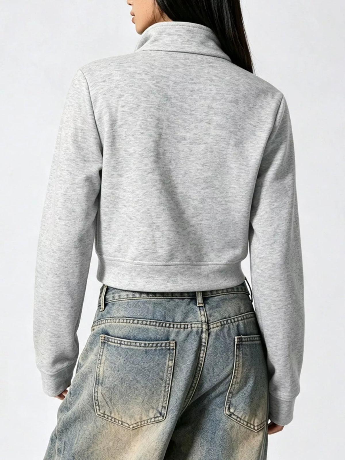Women's Gray Cropped Zip-Up Outerwear with Decorative Buttons - Gray