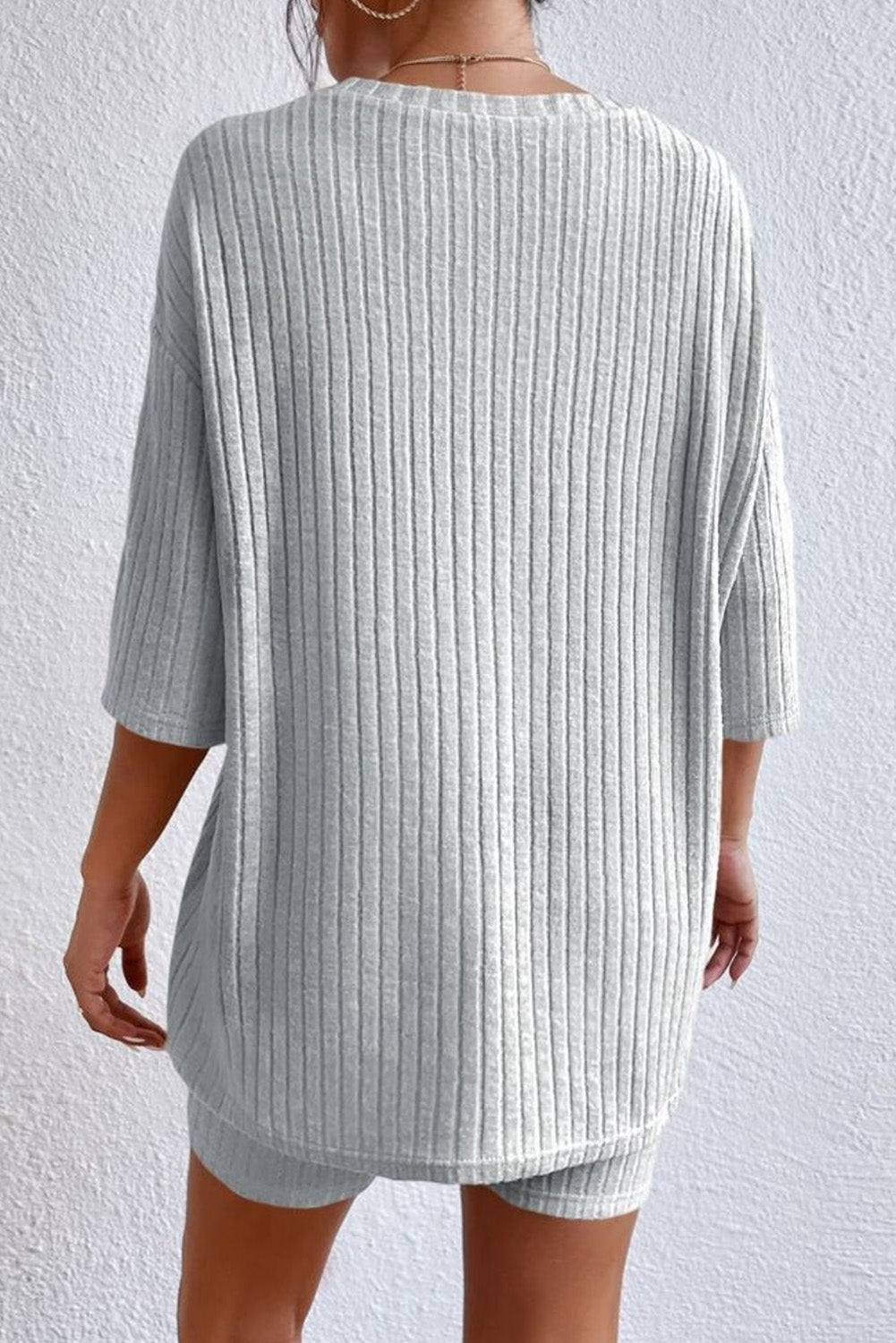 Women's Round Neck Ribbed Top and Shorts Lounge Set