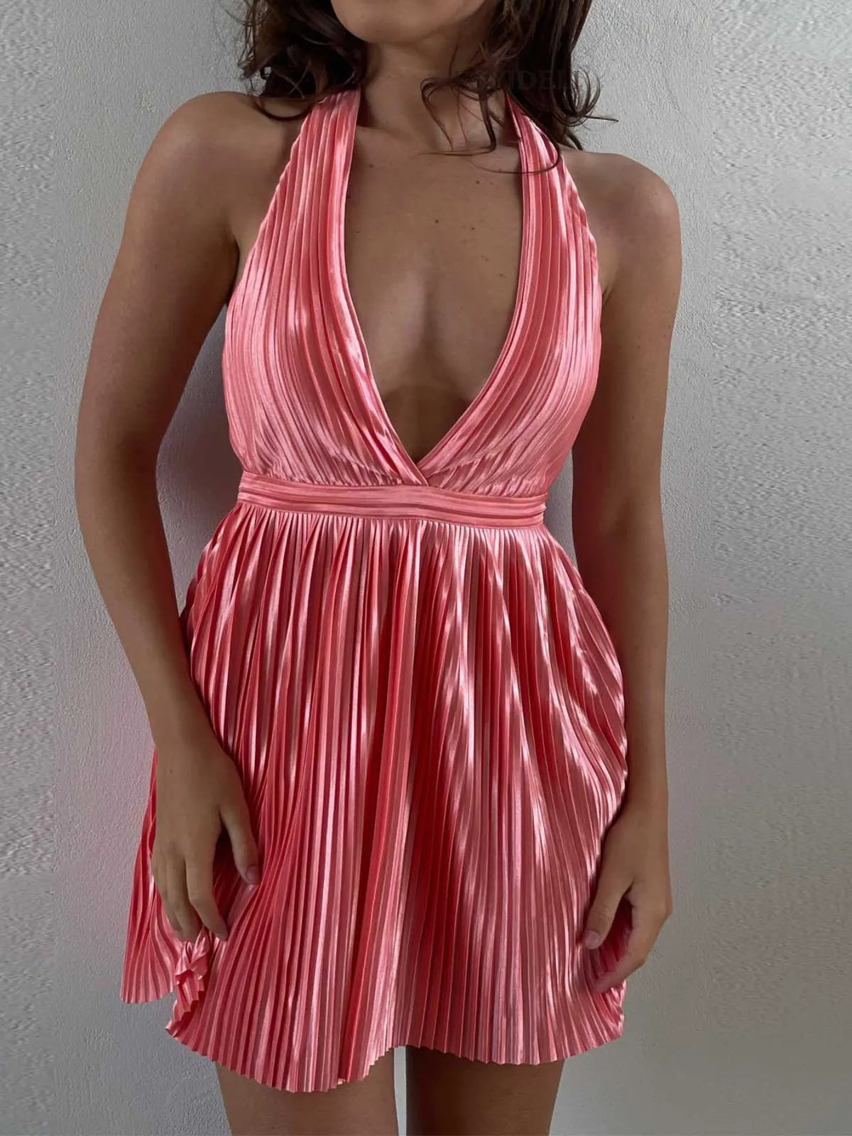 Pleated Halter Neck Mini Dress