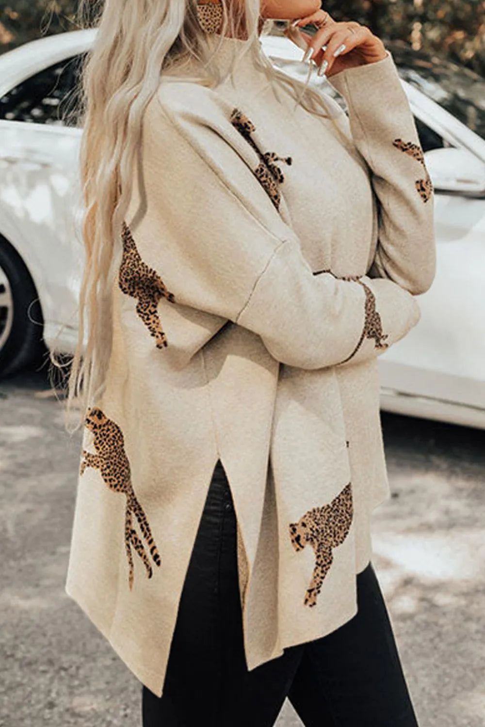 Women's Cream Animal Pattern Mock Neck Long Sleeve Slit Sweater - Cream