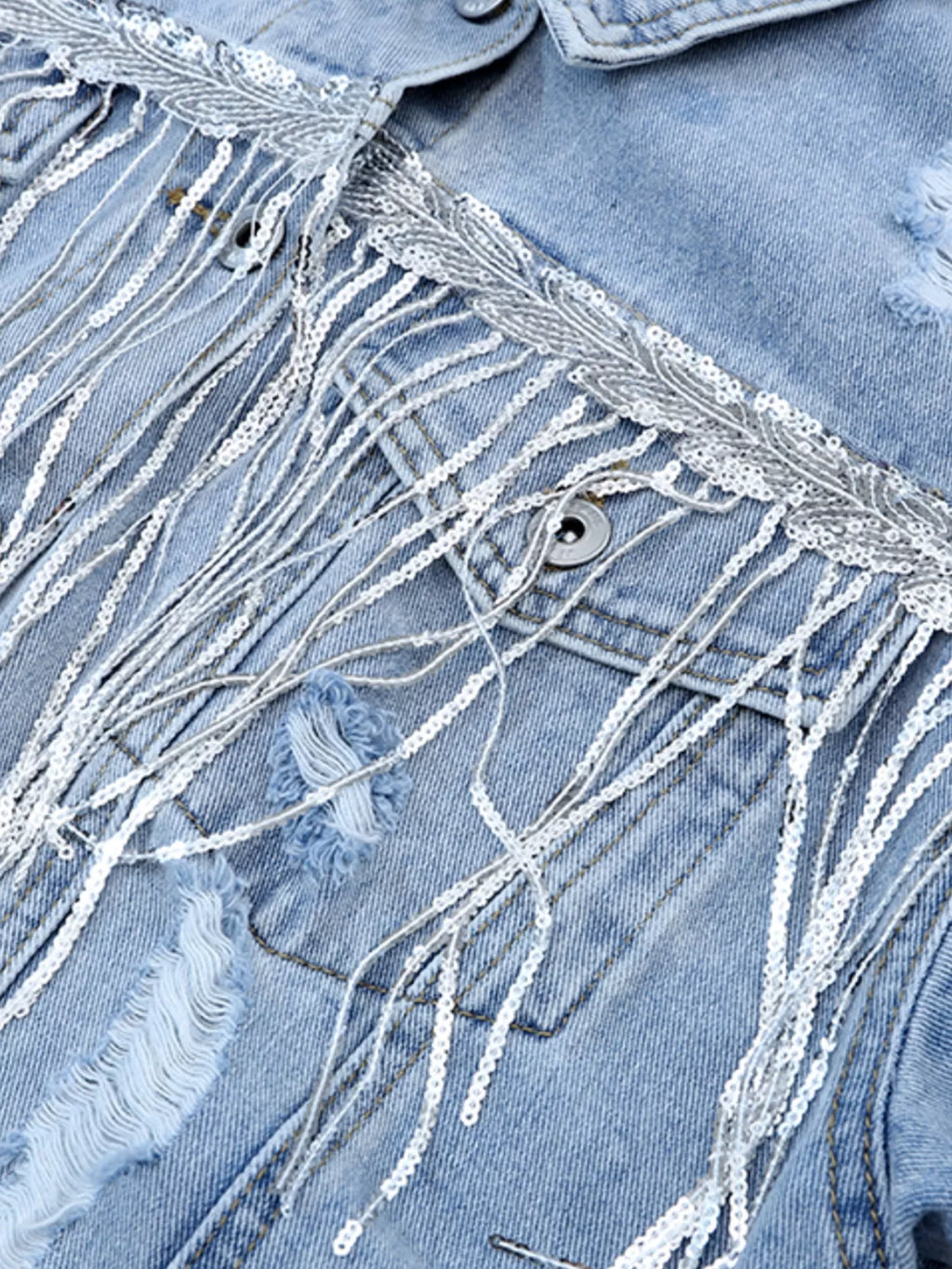 Women's Light Blue Fringed Sequin Embellished Denim Jacket - Light Blue