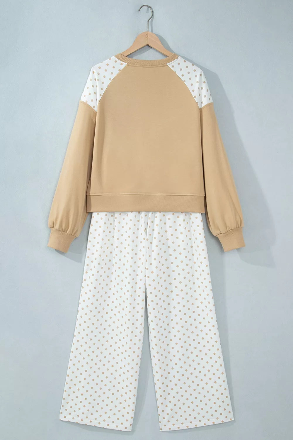 Women's Tan Polka Dot Patchwork Colorblock Long Sleeve Casual Two Piece Pants Set - Tan