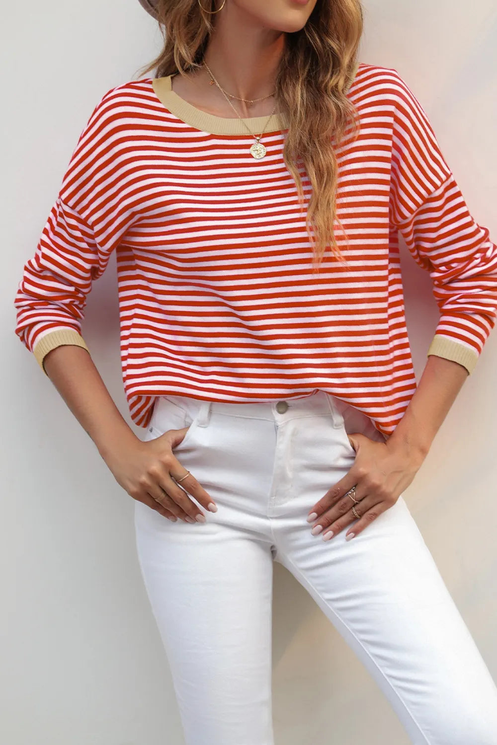 Women's Striped Round Neck Drop Shoulder T-Shirt