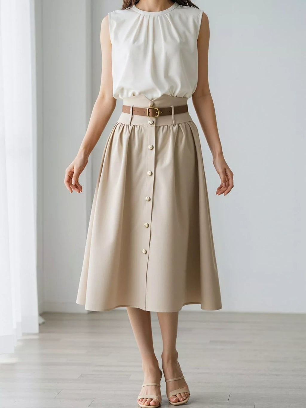 Women's Apricot High-Waisted A-Line Midi Skirt - Apricot