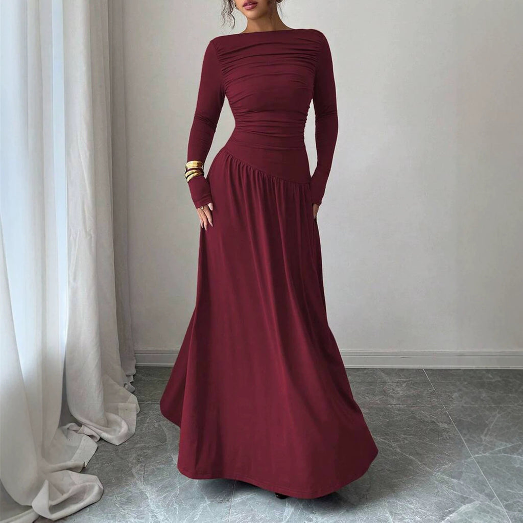 High-end Autumnwinter New Long-sleeve Pleated-waist Off-shoulder Maxi Dress