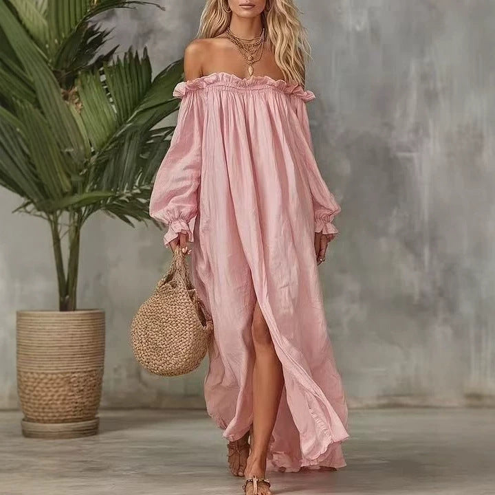 Dropped-shoulder Loose-fit Candy-colored Long-sleeve Dress
