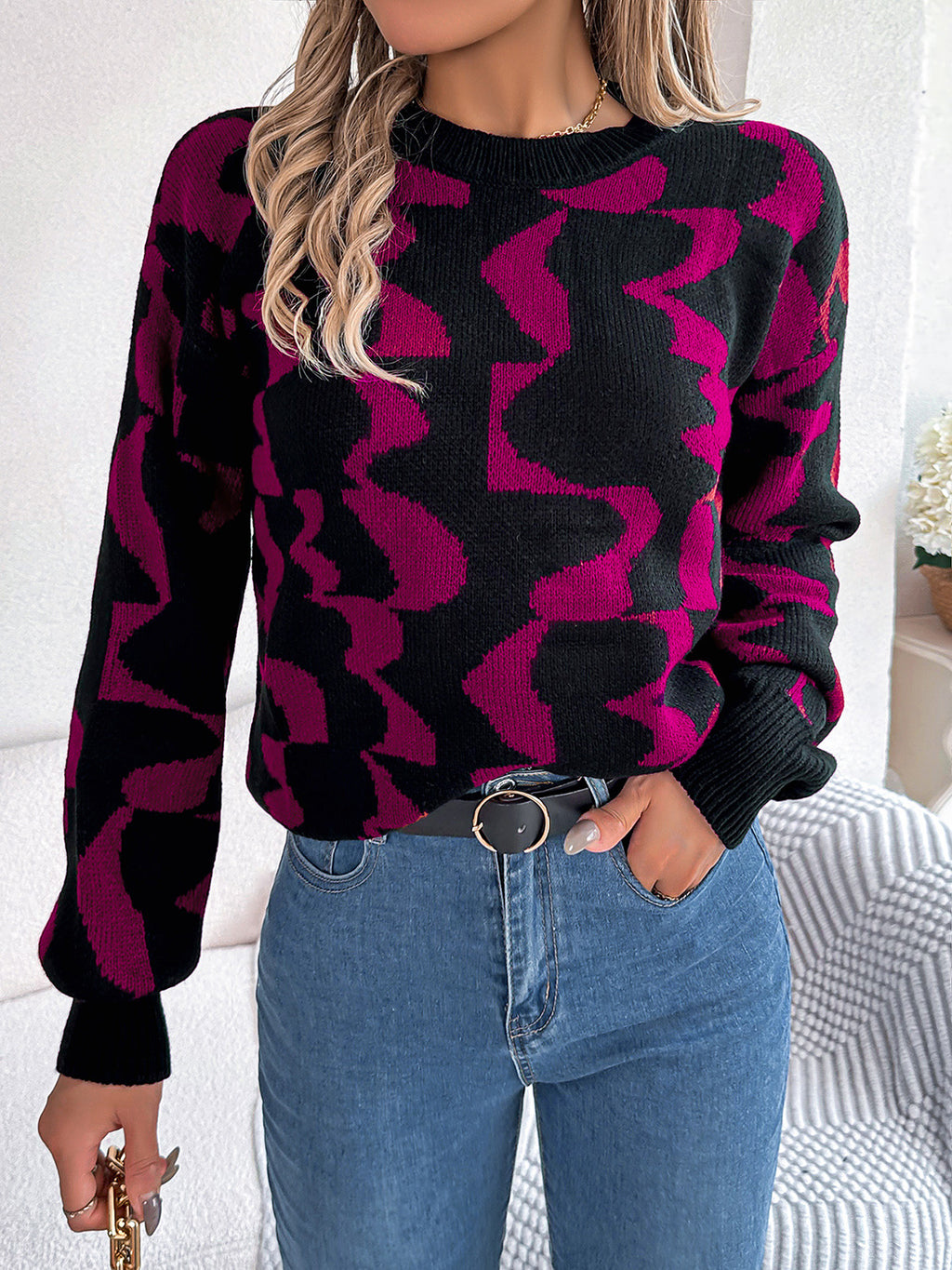 Women's Round Neck Long Sleeve Sweater - Deep Rose