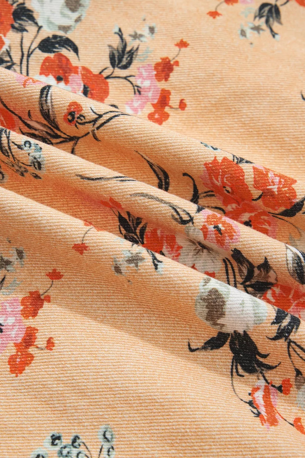 Women's Tan Floral Print Long Sleeve Denim Jacket - Tan