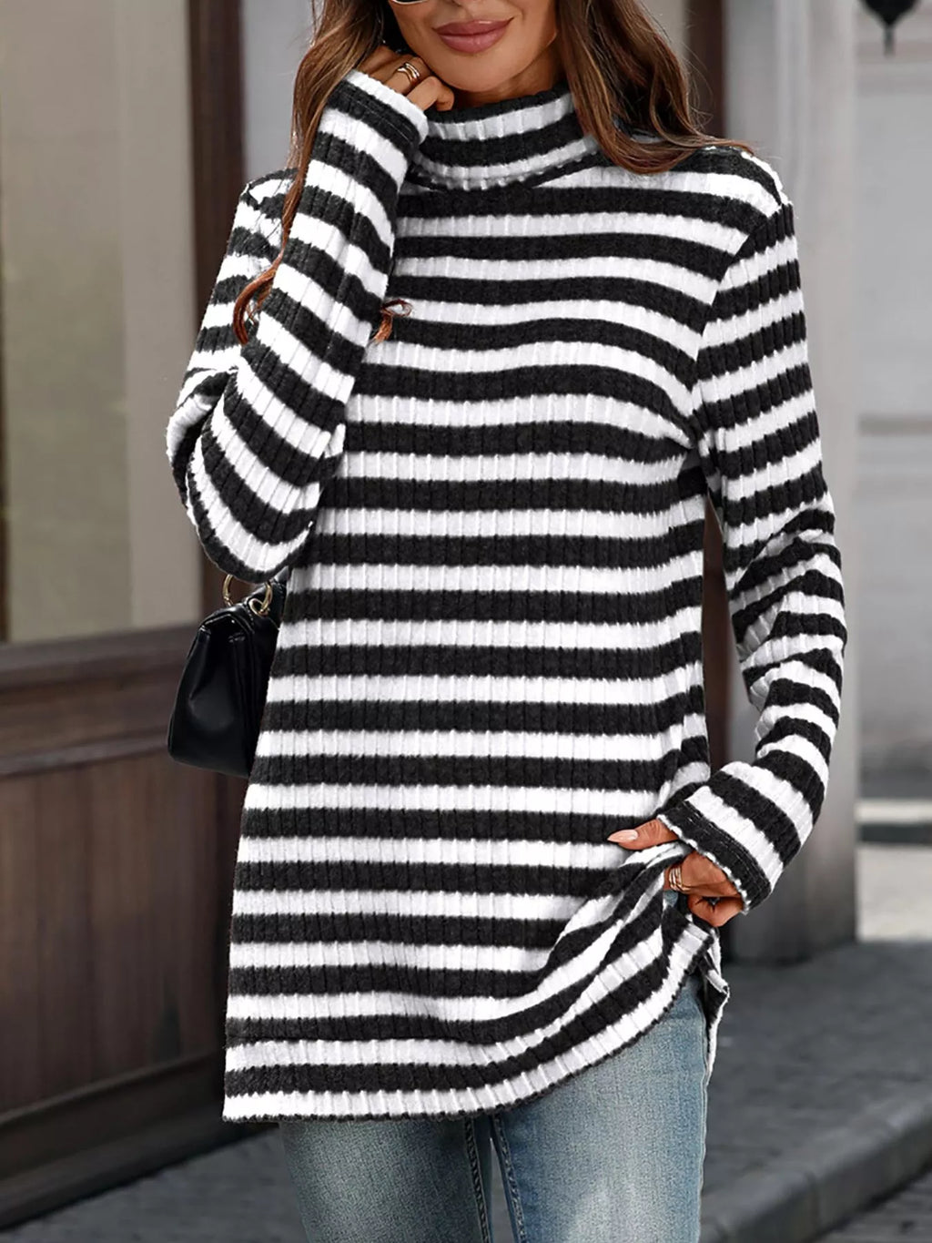 Women's Striped Ribbed Knit Turtleneck Long Sleeve T-Shirt - Black