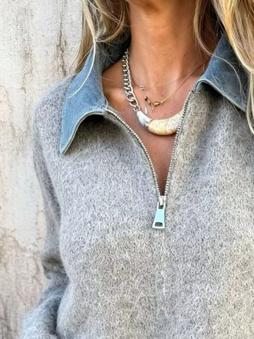 Women's Contrast Denim Collar Half-Zip Knit Sweater