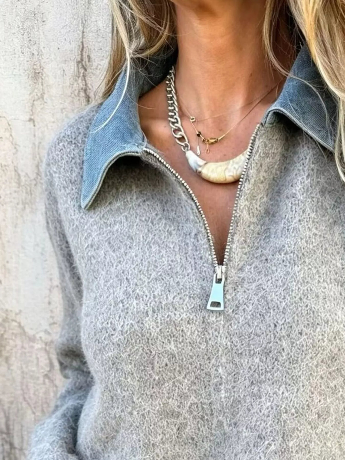 Women's Contrast Denim Collar Half-Zip Knit Sweater