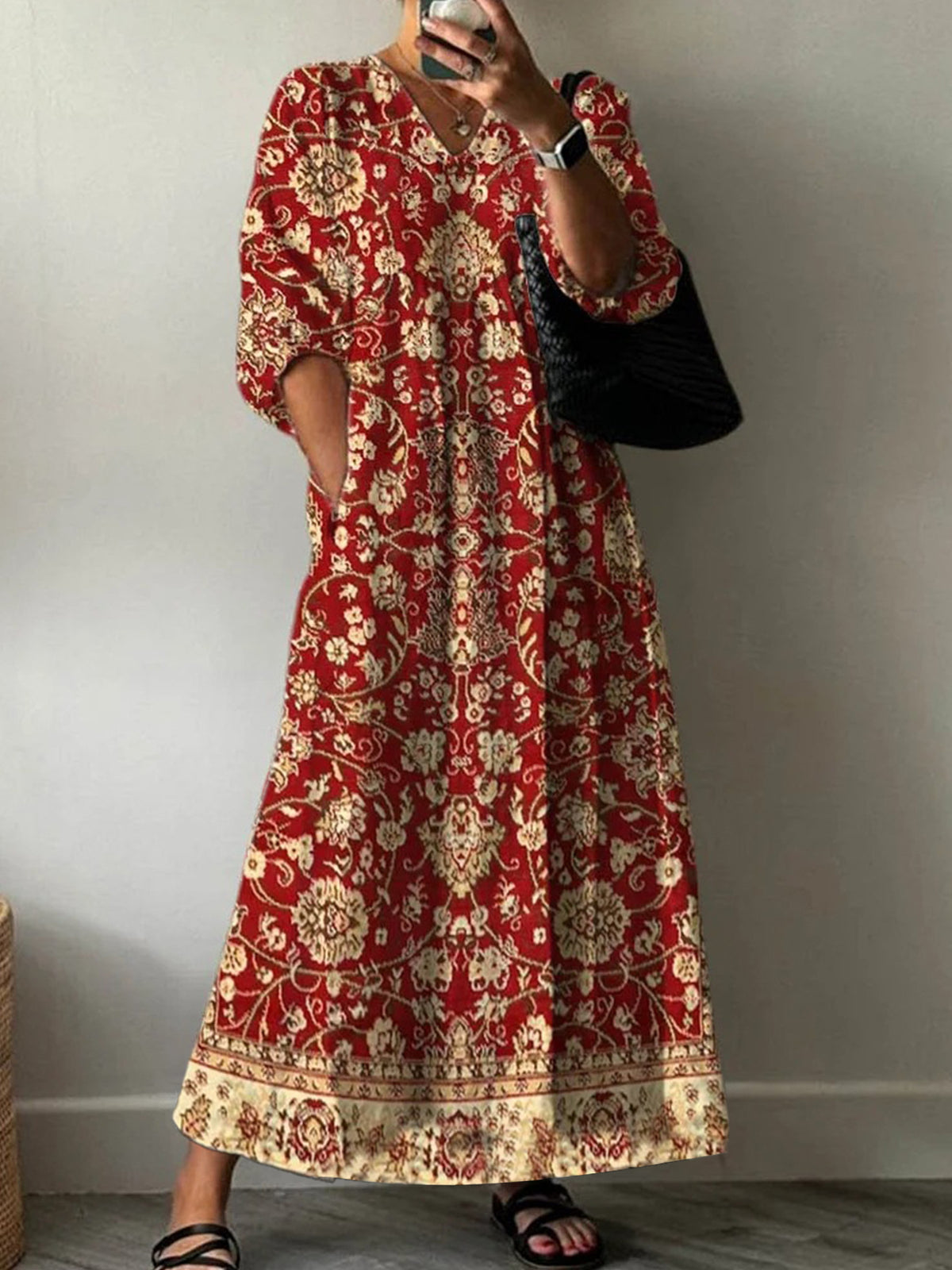 Summer Fashion Casual V-Neck Mid-Sleeve Floral Long Dress Qing