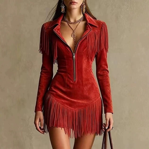 Women's Faux Suede Western Cowgirl Midi Dress, Lapel Half Zip Long Sleeve Fringe Slim Bodycon Party Dress - Red